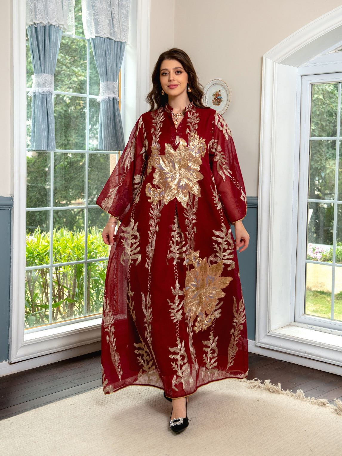 AB056# New burnt flower sequin dress light luxury ladies party dress Muslim abaya women's clothing