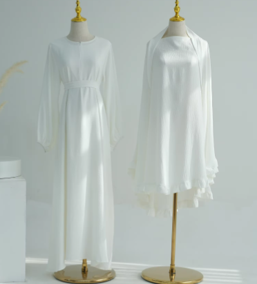 LR708+HJ912 # EID Ramadan Dubai Abaya Islamic Clothing Wrinkle Polyester Modest Dresses with Zipper Abaya Women Set