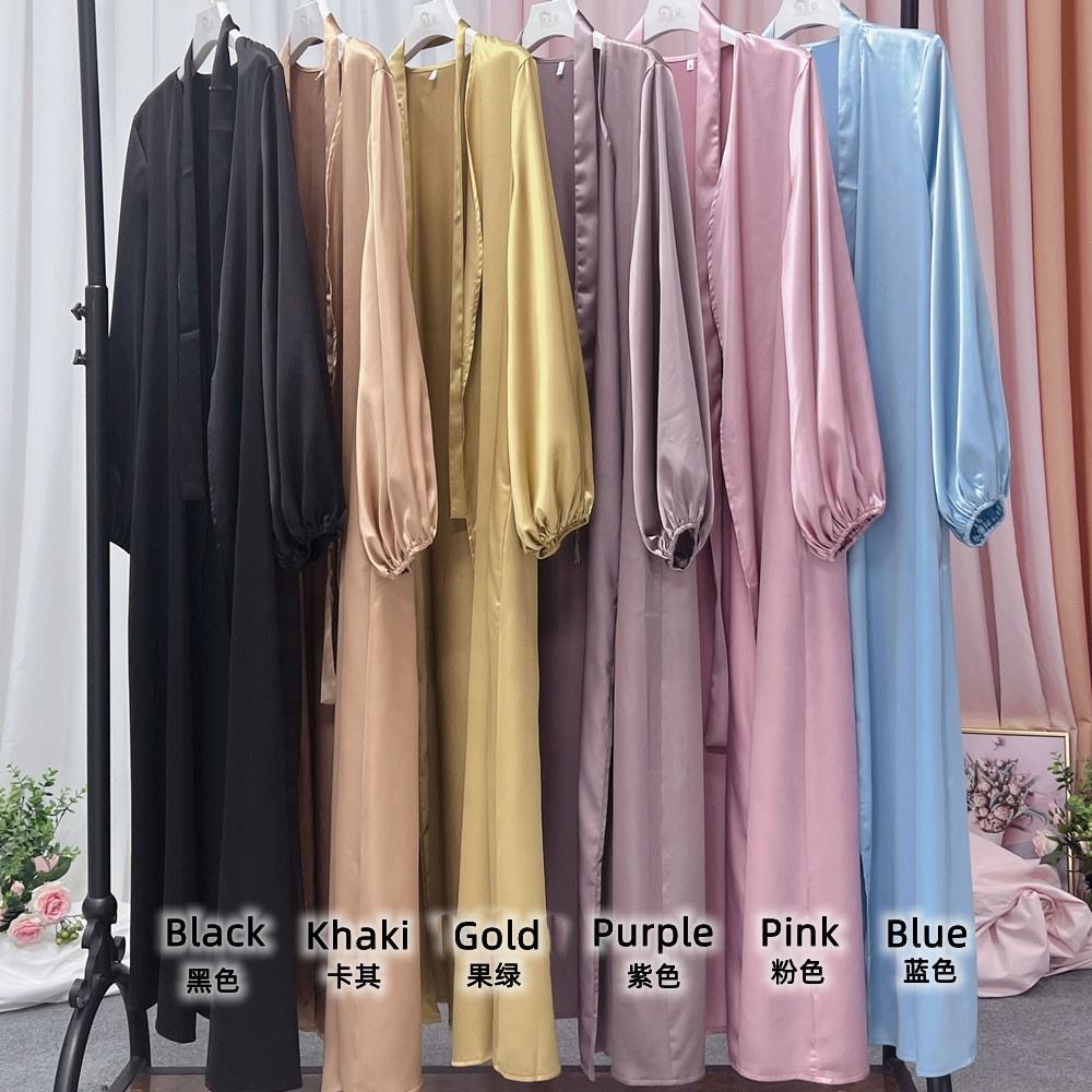 1507# Muslim women Satin Abaya Solid color kimono open Cardigan