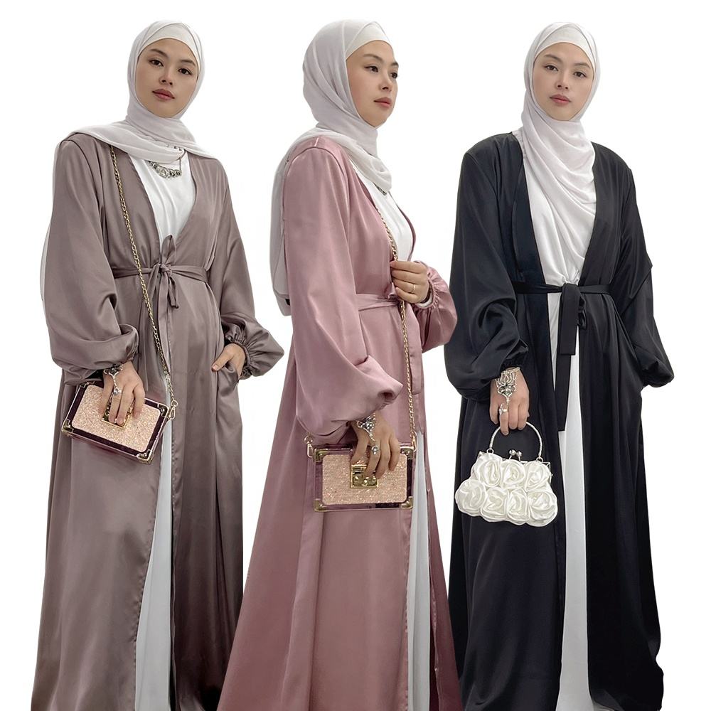 1507# Muslim women Satin Abaya Solid color kimono open Cardigan