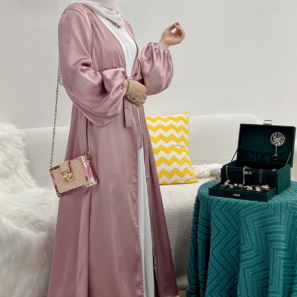 1507# Muslim women Satin Abaya Solid color kimono open Cardigan