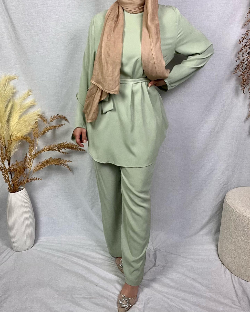 2272# Solid color popular office sets long sleeve blouse loose wide leg pant 2 pieces sets