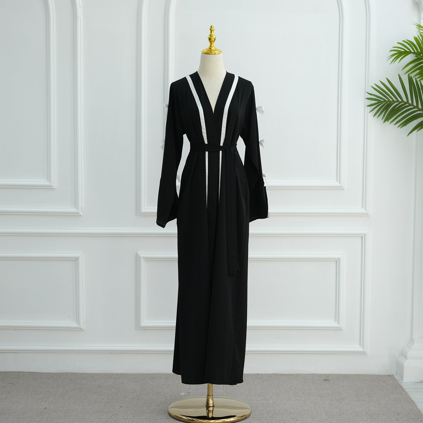 1033#EID Ramadan Modest Muslim Women's Abaya Dress Solid Color Bow Sleeves Cardigan Open Kimono