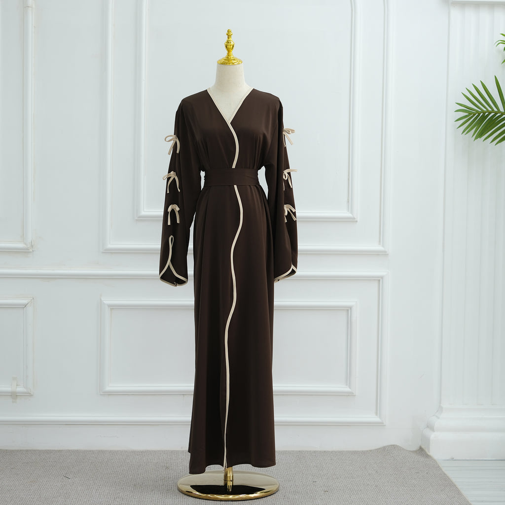 1962#Abaya Cardigan for Women Dubai Islamic Clothing with Nida Wave Bowknot Open Design for Summer Abaya