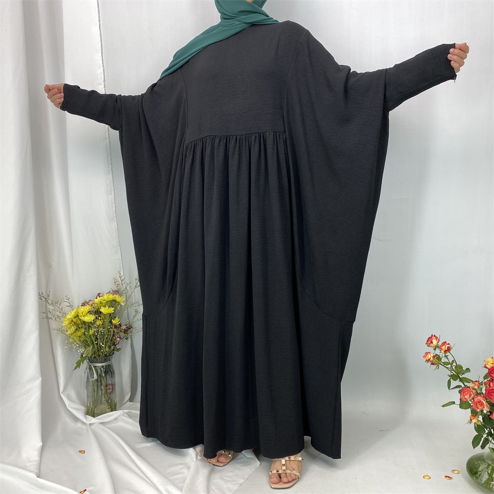 6836#Basic Butterfly Sleeve Closed Abaya Dress Solid Color with Inside Belt for Muslim Ladies