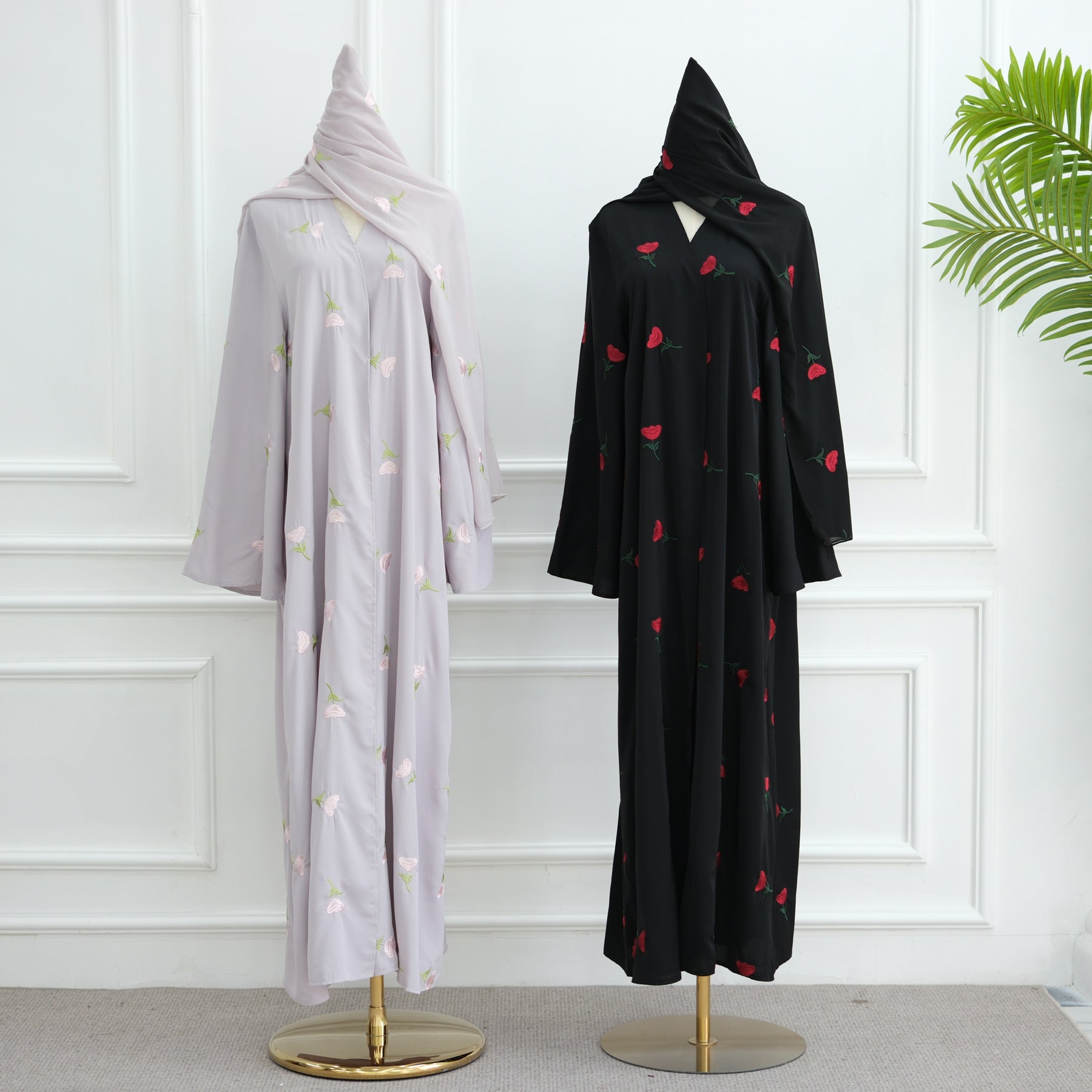1064#2025 Women's Summer Floral Embroidery Abaya Hijab Set Abaya Manufacturer 2 Pcs Set Islamic Clothing Muslim Women Abaya