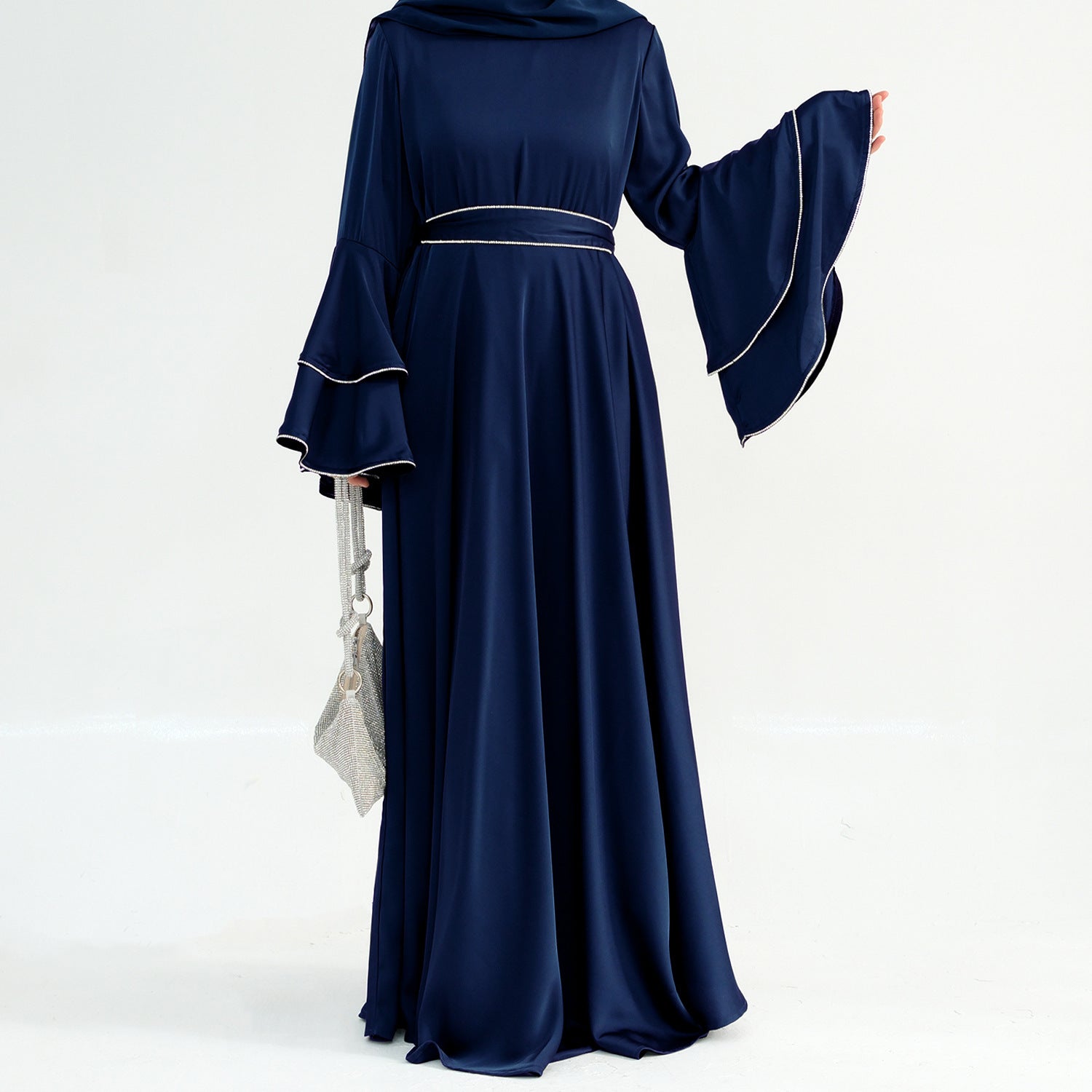 1935#2025 Luxury Modest Women's Abaya Muslim Dresses High Quality Double Layered Bell Sleeves With Crystals for EID Ramadan
