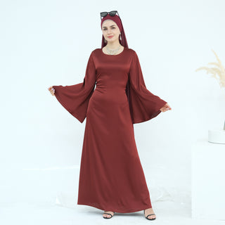 1967#Premium Solid Color Maxi Satin Dress Big Sleeve Belt Tied at Back Modest Abaya Women Muslim Long Dress