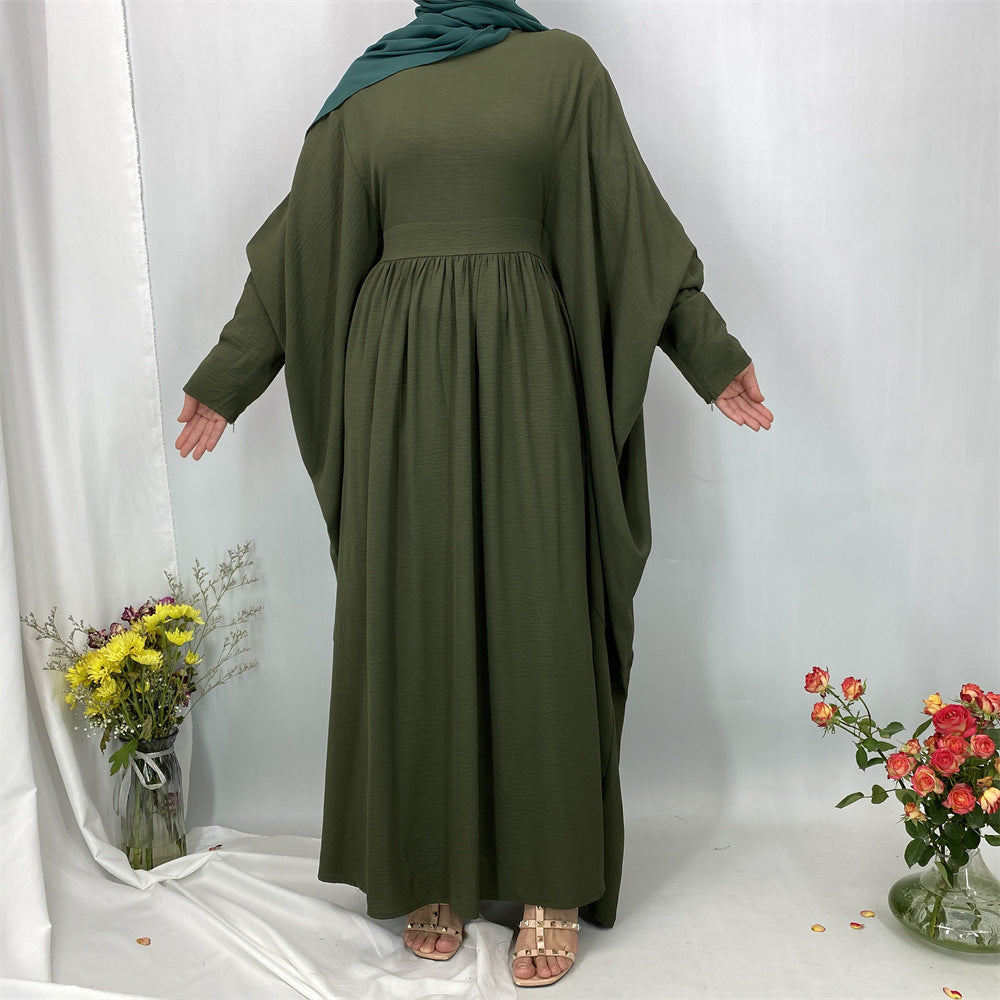 6836#Basic Butterfly Sleeve Closed Abaya Dress Solid Color with Inside Belt for Muslim Ladies