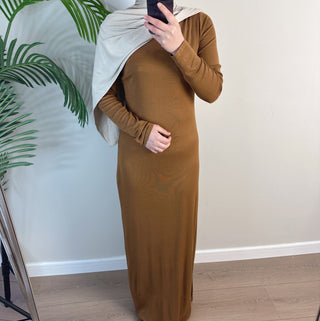 1933#2025 New Cotton Spandex Bodycon Inner Dress Abaya Women Muslim Dress Round Neck Long Sleeves Stretchy Women Dresses