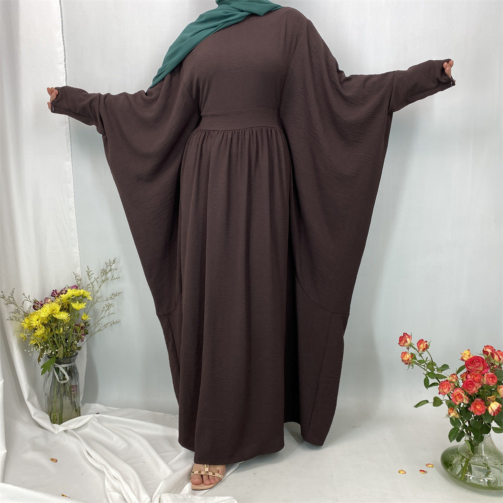 6836#Basic Butterfly Sleeve Closed Abaya Dress Solid Color with Inside Belt for Muslim Ladies