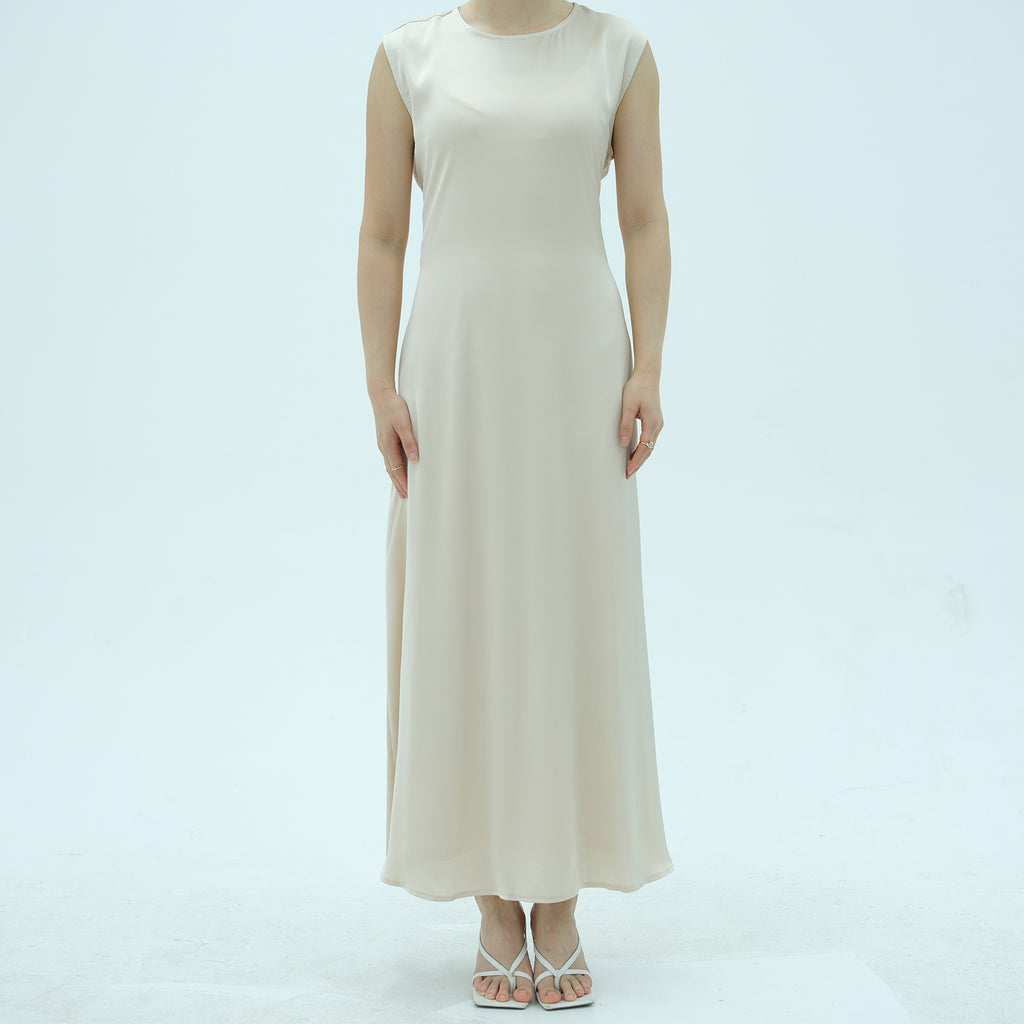 1996#2025 Women's Modest Sleeveless Satin Abaya Dress Basic Inner Slip Back Drawstring Belt Traditional Muslim Clothing