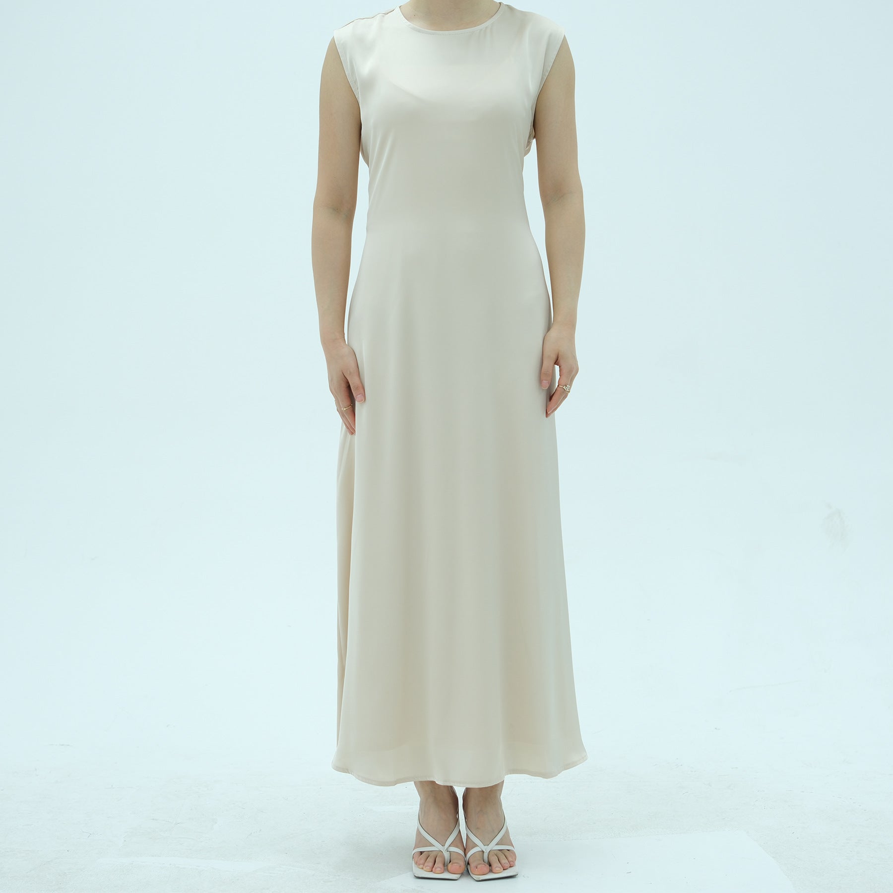 1996#2025 Women's Modest Sleeveless Satin Abaya Dress Basic Inner Slip Back Drawstring Belt Traditional Muslim Clothing