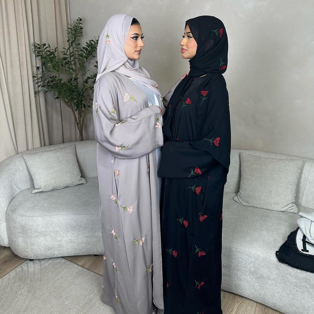 1064#2025 Women's Summer Floral Embroidery Abaya Hijab Set Abaya Manufacturer 2 Pcs Set Islamic Clothing Muslim Women Abaya