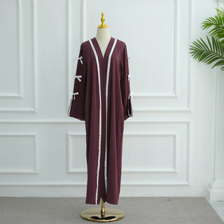 1033#EID Ramadan Modest Muslim Women's Abaya Dress Solid Color Bow Sleeves Cardigan Open Kimono