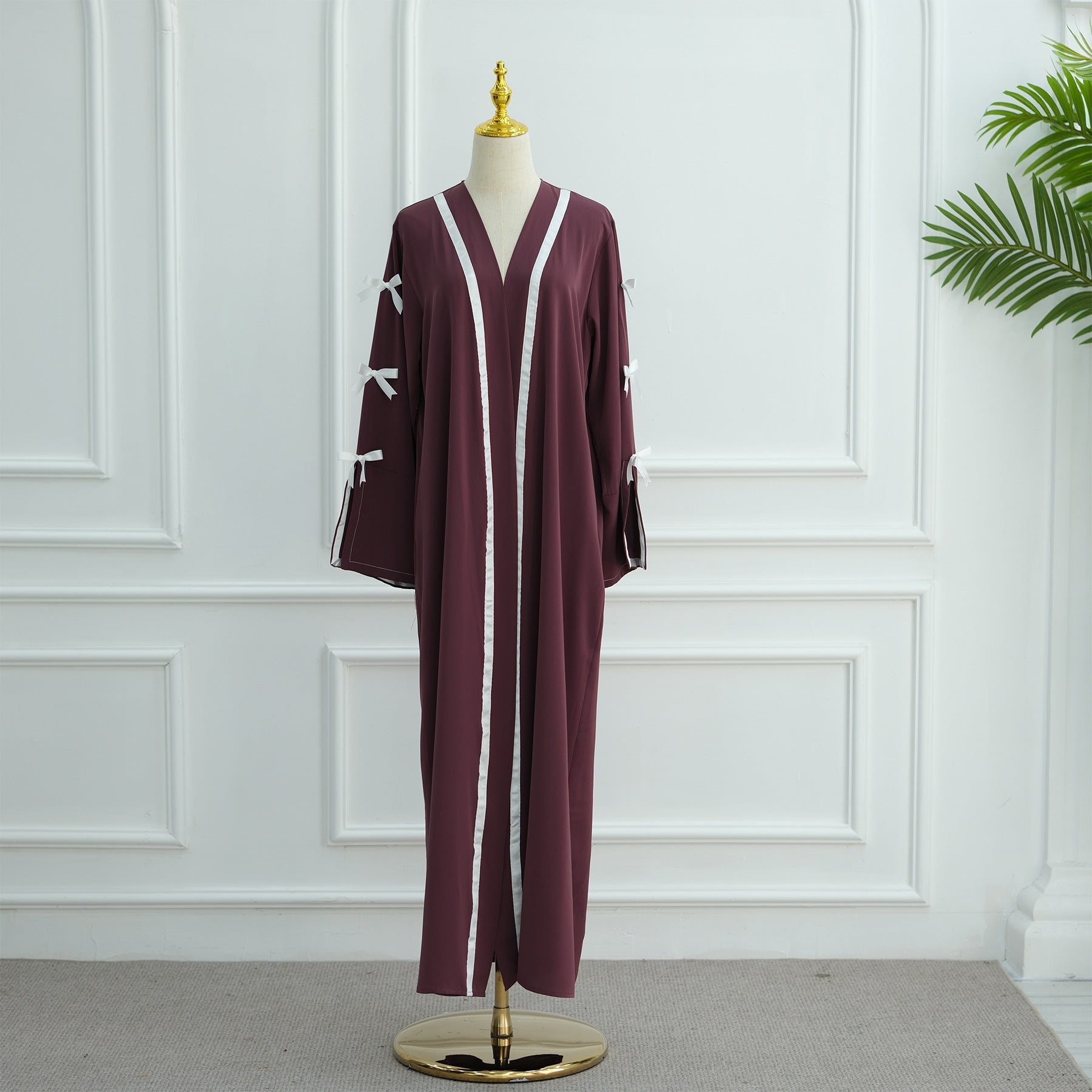 1033#EID Ramadan Modest Muslim Women's Abaya Dress Solid Color Bow Sleeves Cardigan Open Kimono
