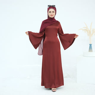 1967#Premium Solid Color Maxi Satin Dress Big Sleeve Belt Tied at Back Modest Abaya Women Muslim Long Dress