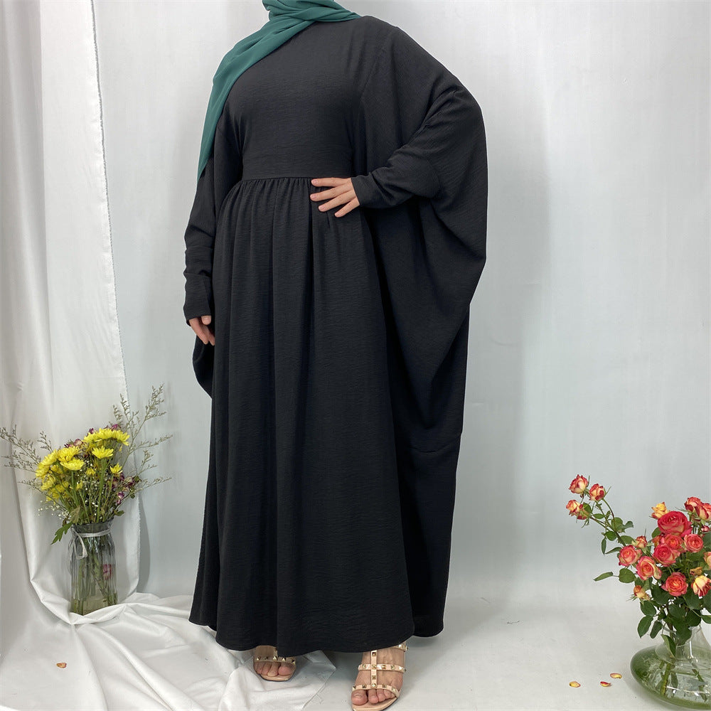 6836#Basic Butterfly Sleeve Closed Abaya Dress Solid Color with Inside Belt for Muslim Ladies