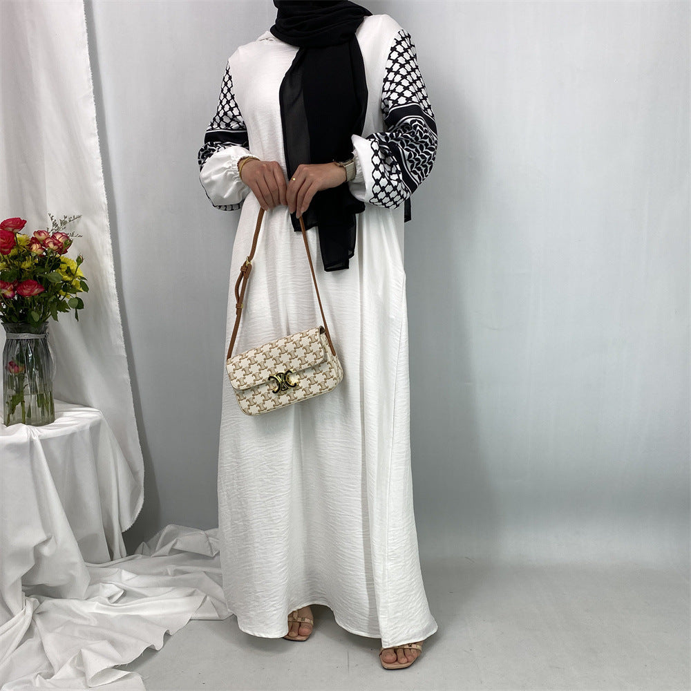 6827#Elegant Soft Linen Abaya Robe With Palestine Keffiyeh Printed Sleeve Detailing Modest Islamic Women Clothing