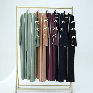 1033#EID Ramadan Modest Muslim Women's Abaya Dress Solid Color Bow Sleeves Cardigan Open Kimono