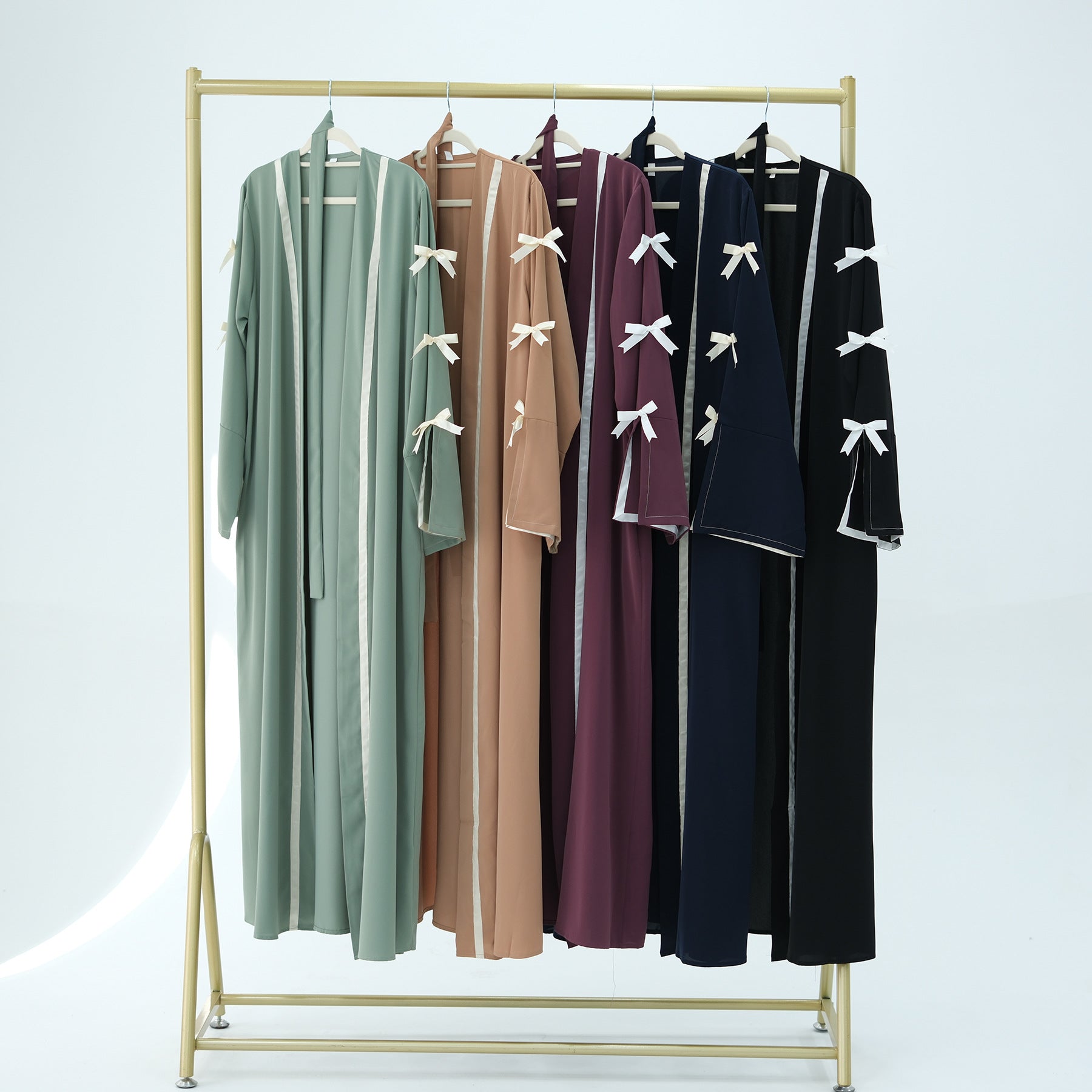 1033#EID Ramadan Modest Muslim Women's Abaya Dress Solid Color Bow Sleeves Cardigan Open Kimono