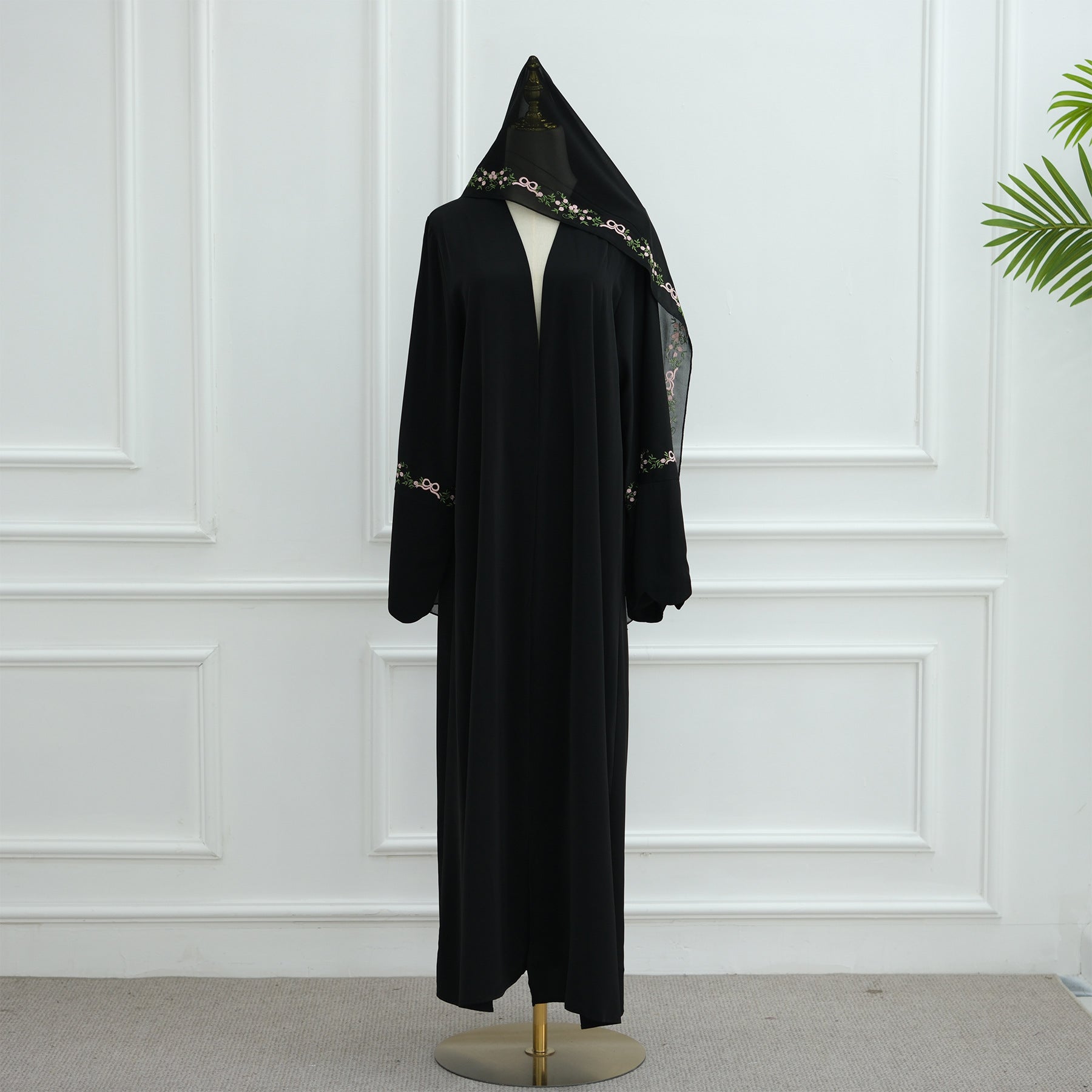 1068#Top Abaya Manufacturers Islamic Clothing Dubai Abaya and Hijab Embroidery Sleeves 2pcs Set Summer Modest Open Abaya
