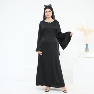 1967#Premium Solid Color Maxi Satin Dress Big Sleeve Belt Tied at Back Modest Abaya Women Muslim Long Dress