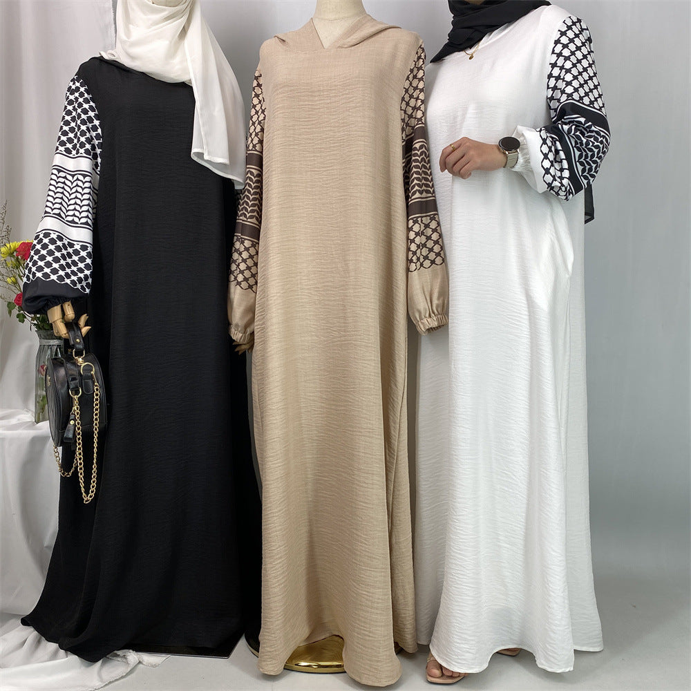 6827#Elegant Soft Linen Abaya Robe With Palestine Keffiyeh Printed Sleeve Detailing Modest Islamic Women Clothing