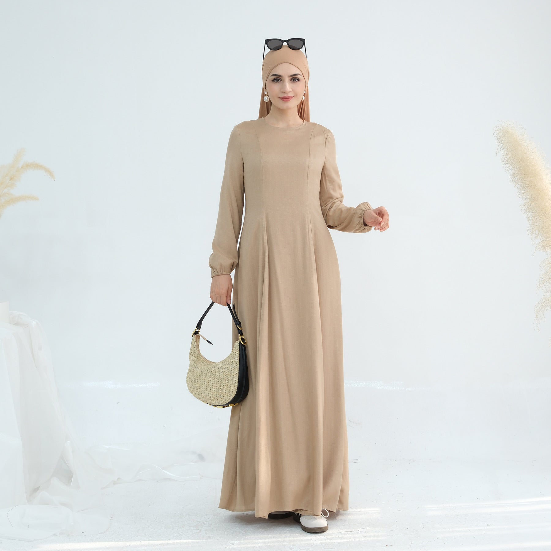 1932# 2025 Islamic Clothing Linen Women Maxi Dress Balloon Sleeve Big Hem Modest Abaya Women Muslim Dress