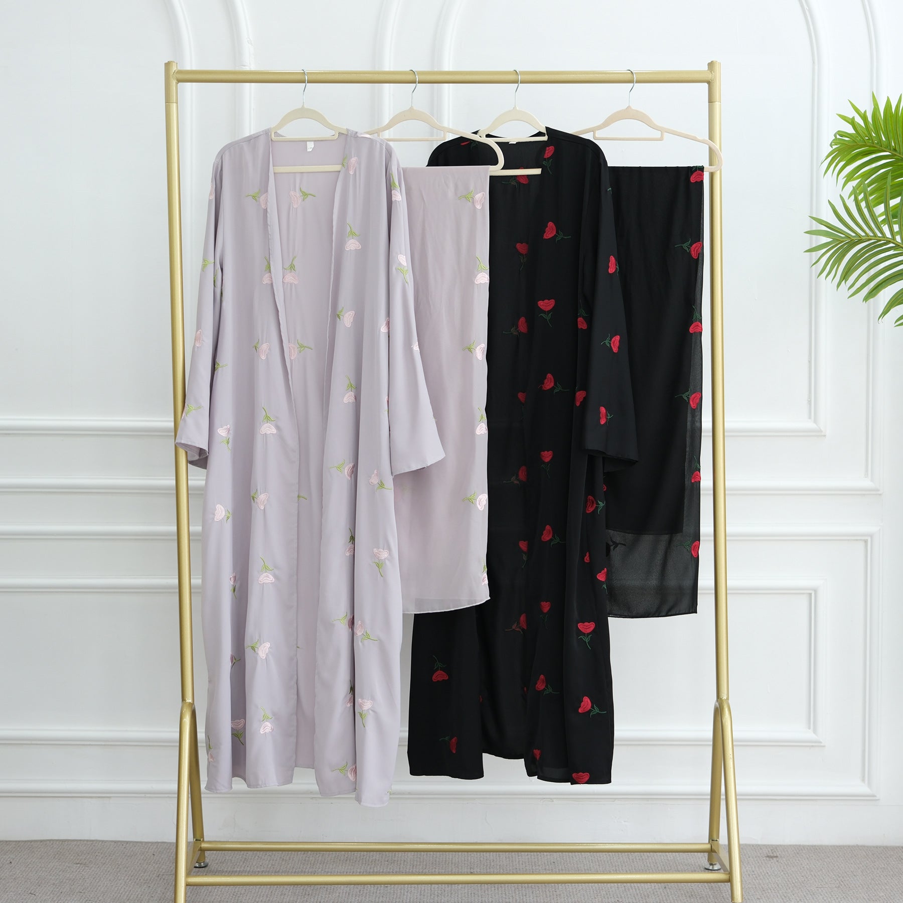 1064#2025 Women's Summer Floral Embroidery Abaya Hijab Set Abaya Manufacturer 2 Pcs Set Islamic Clothing Muslim Women Abaya