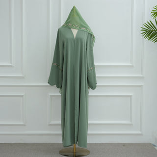 1068#Top Abaya Manufacturers Islamic Clothing Dubai Abaya and Hijab Embroidery Sleeves 2pcs Set Summer Modest Open Abaya