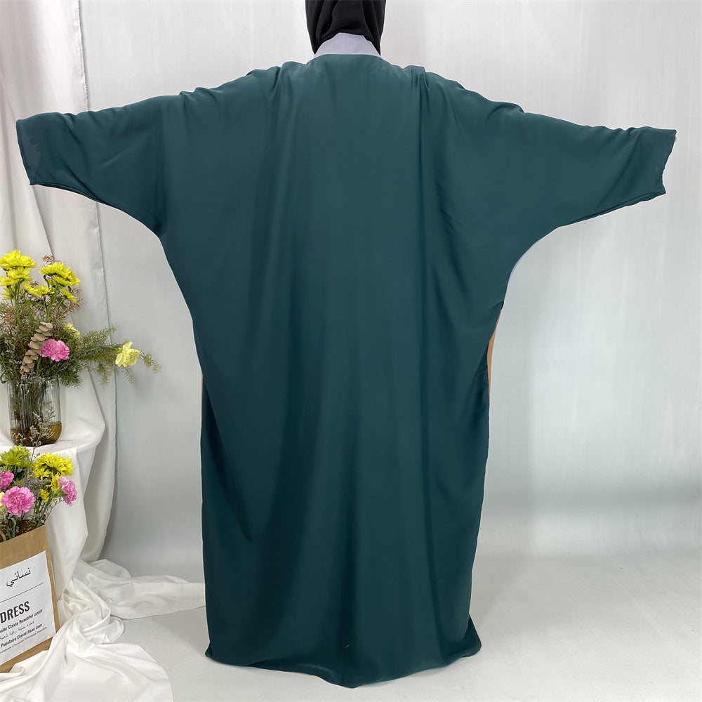 1459#Latest Muslim Open Abaya Robe Dubai Islamic Bat Sleeve Patchwork Color