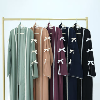 1033#EID Ramadan Modest Muslim Women's Abaya Dress Solid Color Bow Sleeves Cardigan Open Kimono