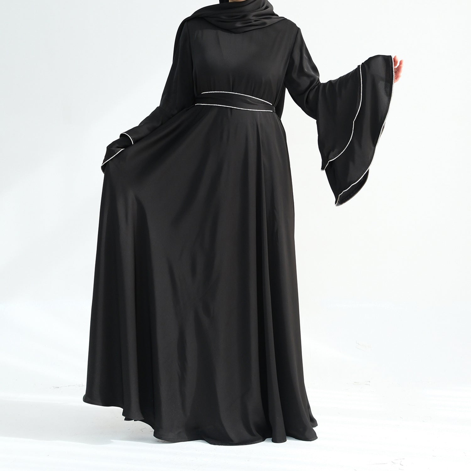 1935#2025 Luxury Modest Women's Abaya Muslim Dresses High Quality Double Layered Bell Sleeves With Crystals for EID Ramadan