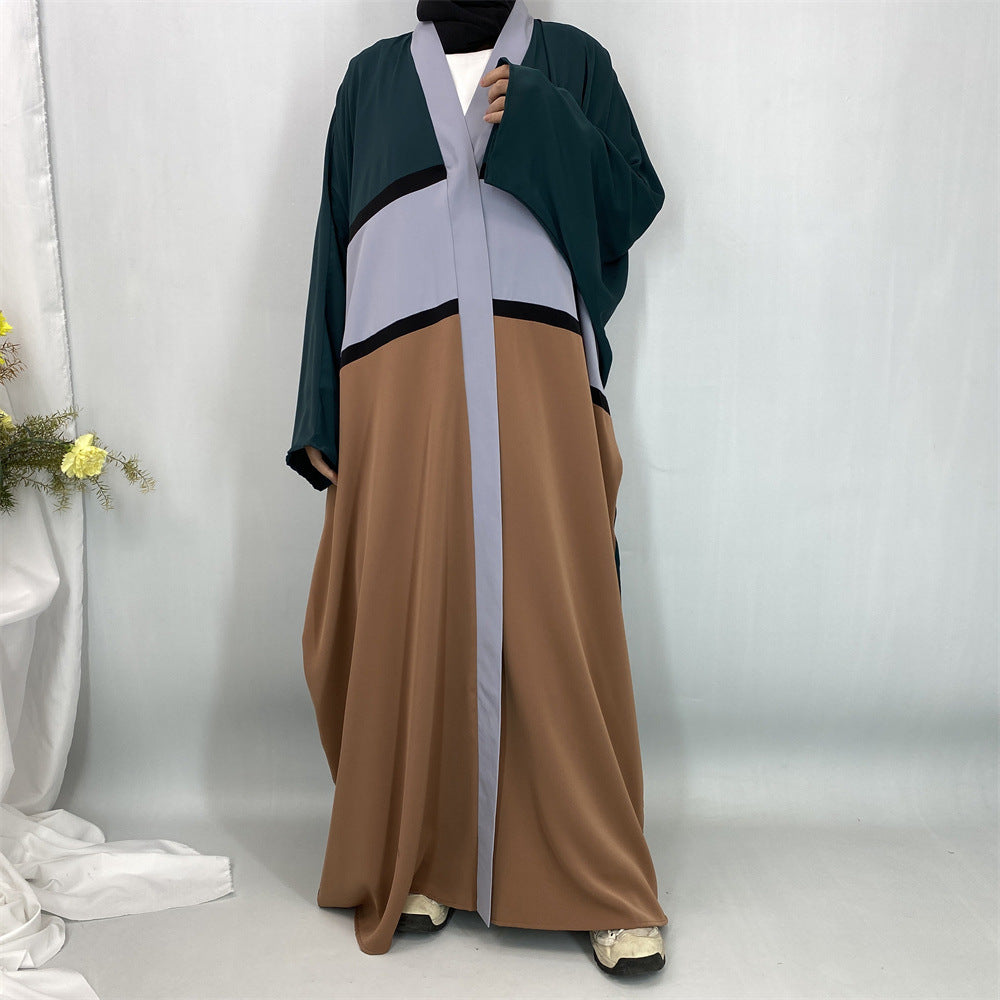 1459#Latest Muslim Open Abaya Robe Dubai Islamic Bat Sleeve Patchwork Color