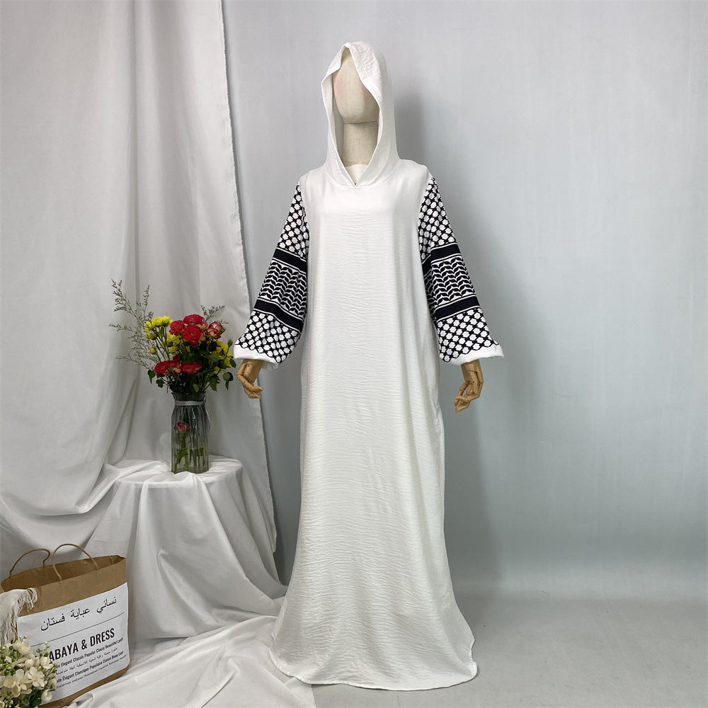 6827#Elegant Soft Linen Abaya Robe With Palestine Keffiyeh Printed Sleeve Detailing Modest Islamic Women Clothing