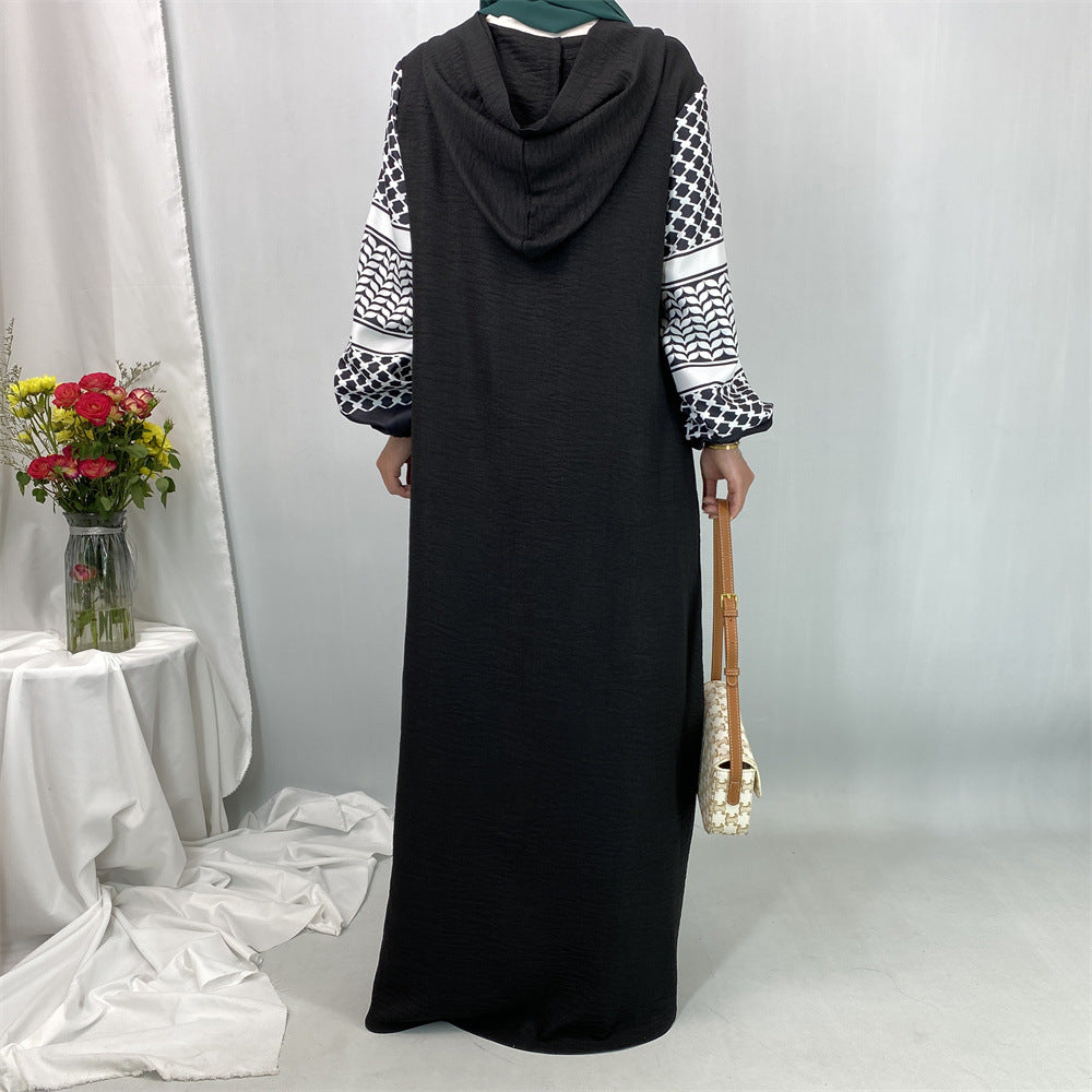 6827#Elegant Soft Linen Abaya Robe With Palestine Keffiyeh Printed Sleeve Detailing Modest Islamic Women Clothing