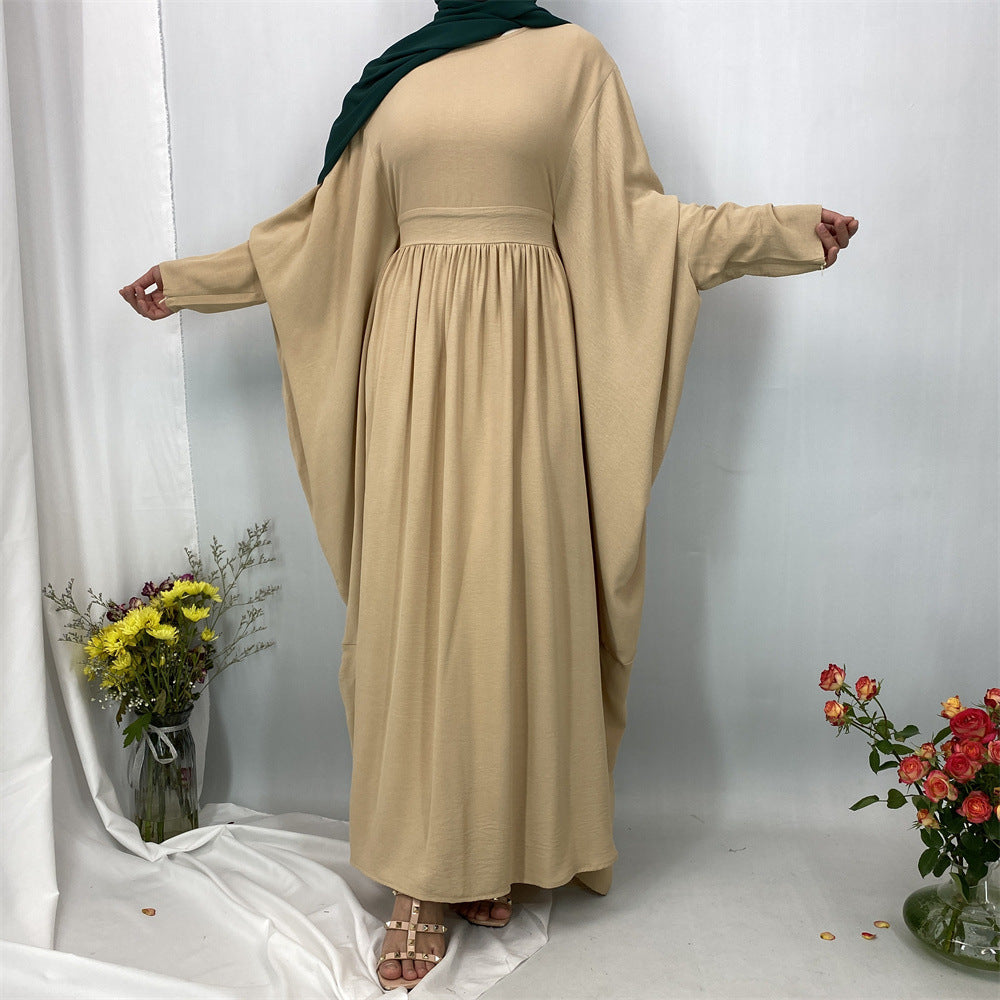 6836#Basic Butterfly Sleeve Closed Abaya Dress Solid Color with Inside Belt for Muslim Ladies