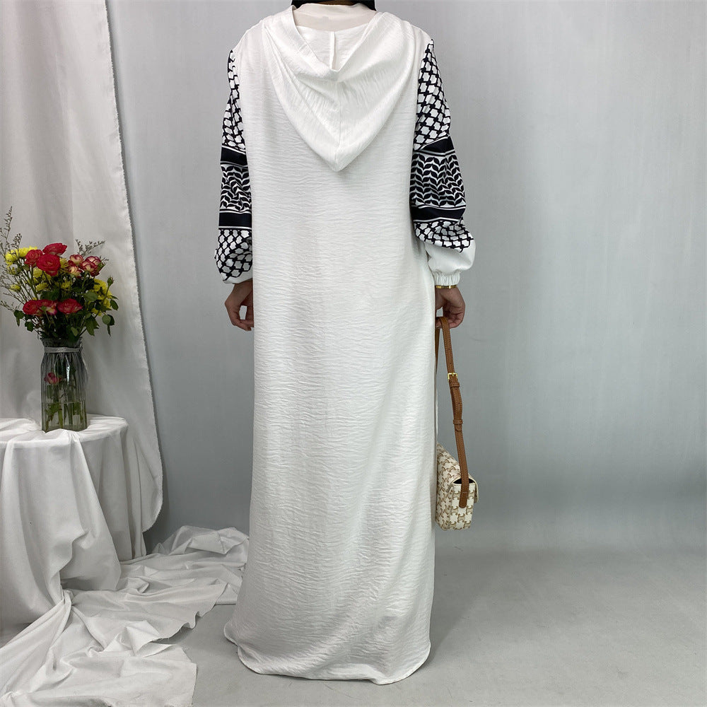 6827#Elegant Soft Linen Abaya Robe With Palestine Keffiyeh Printed Sleeve Detailing Modest Islamic Women Clothing