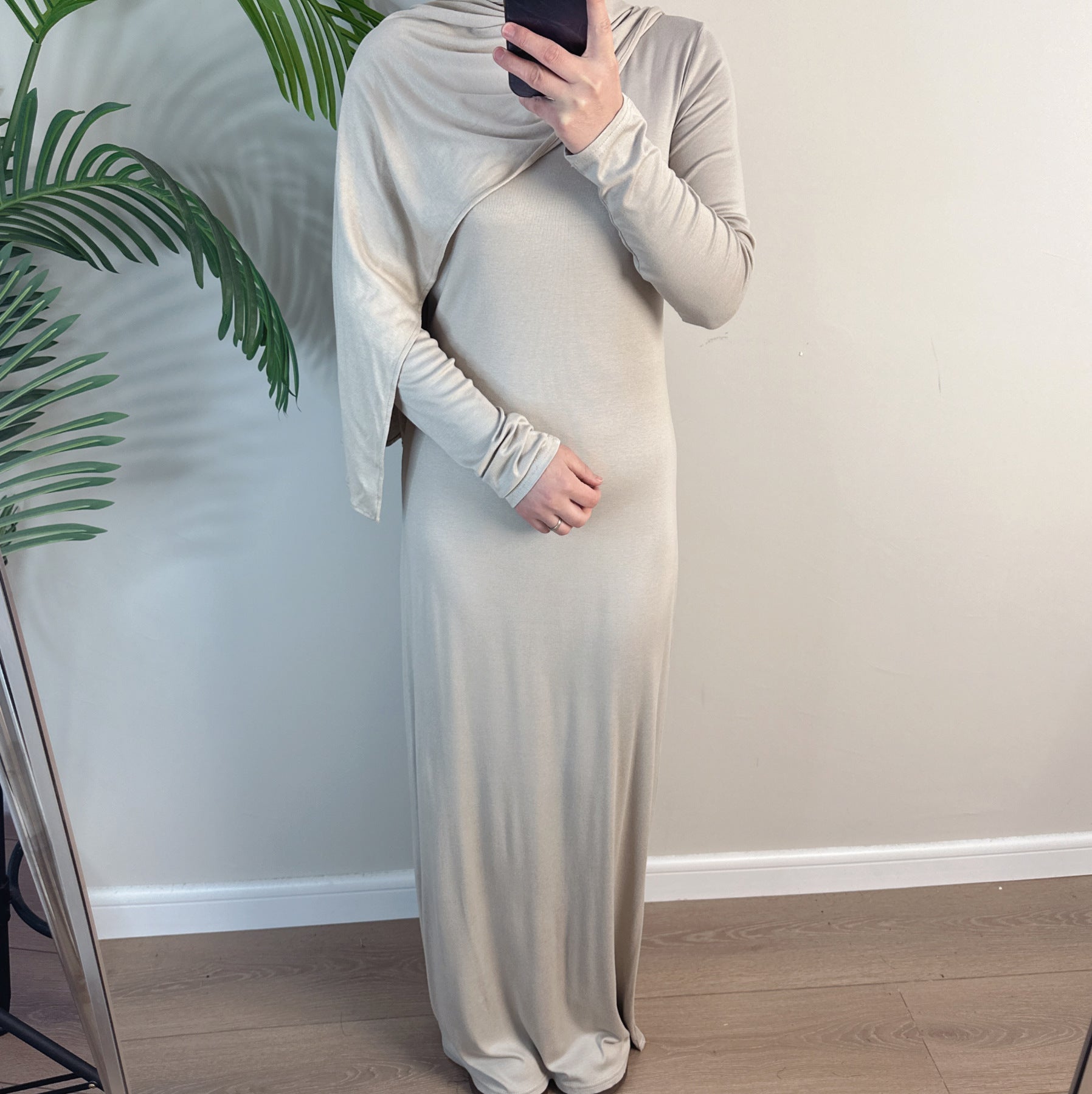 1933#2025 New Cotton Spandex Bodycon Inner Dress Abaya Women Muslim Dress Round Neck Long Sleeves Stretchy Women Dresses