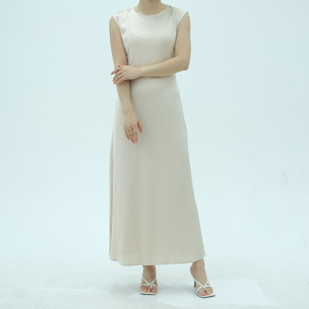 1996#2025 Women's Modest Sleeveless Satin Abaya Dress Basic Inner Slip Back Drawstring Belt Traditional Muslim Clothing
