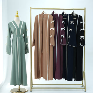 1033#EID Ramadan Modest Muslim Women's Abaya Dress Solid Color Bow Sleeves Cardigan Open Kimono