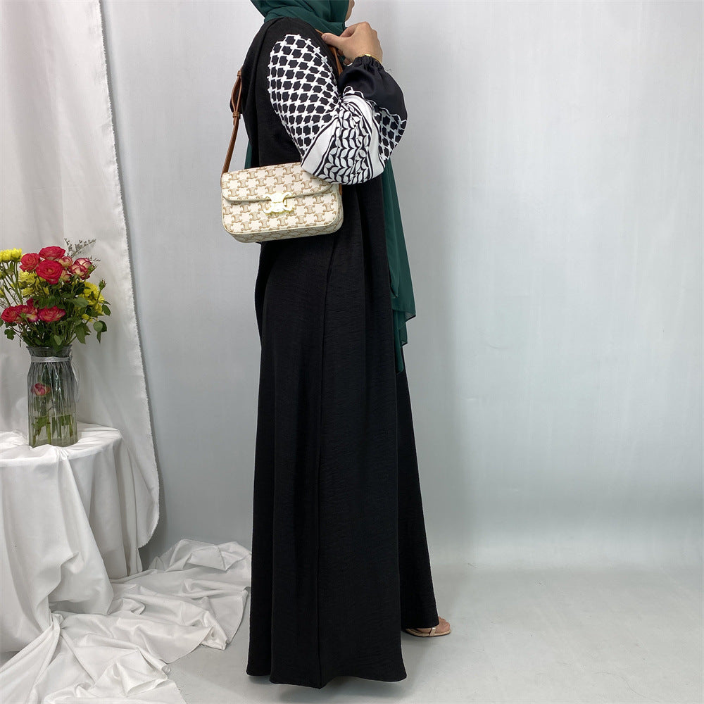 6827#Elegant Soft Linen Abaya Robe With Palestine Keffiyeh Printed Sleeve Detailing Modest Islamic Women Clothing