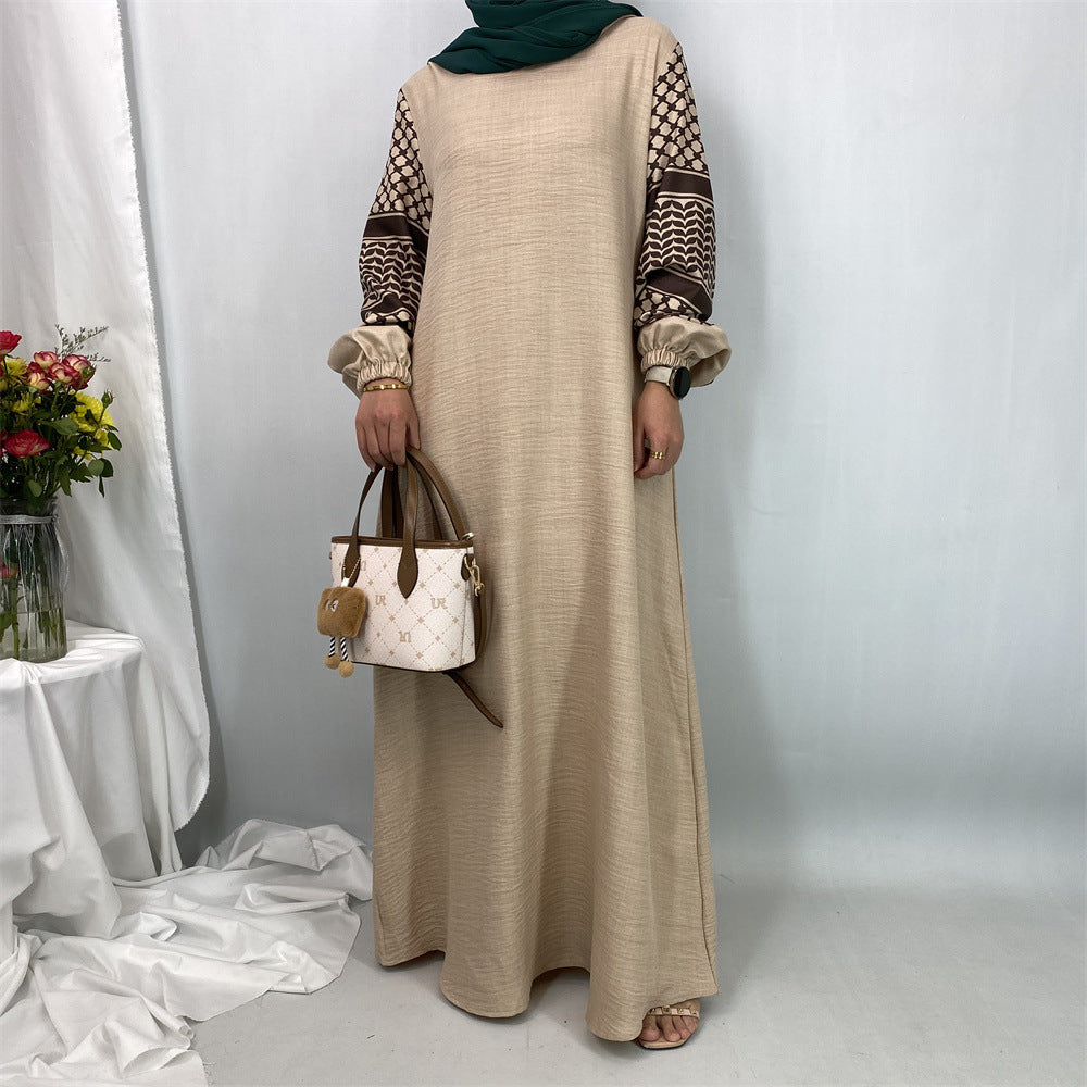 6827#Elegant Soft Linen Abaya Robe With Palestine Keffiyeh Printed Sleeve Detailing Modest Islamic Women Clothing