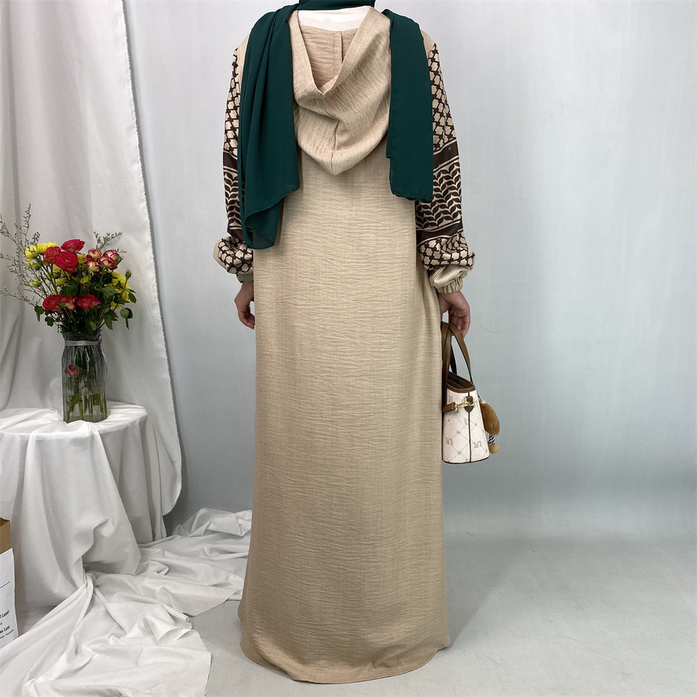 6827#Elegant Soft Linen Abaya Robe With Palestine Keffiyeh Printed Sleeve Detailing Modest Islamic Women Clothing
