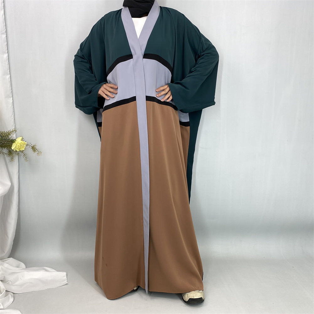 1459#Latest Muslim Open Abaya Robe Dubai Islamic Bat Sleeve Patchwork Color
