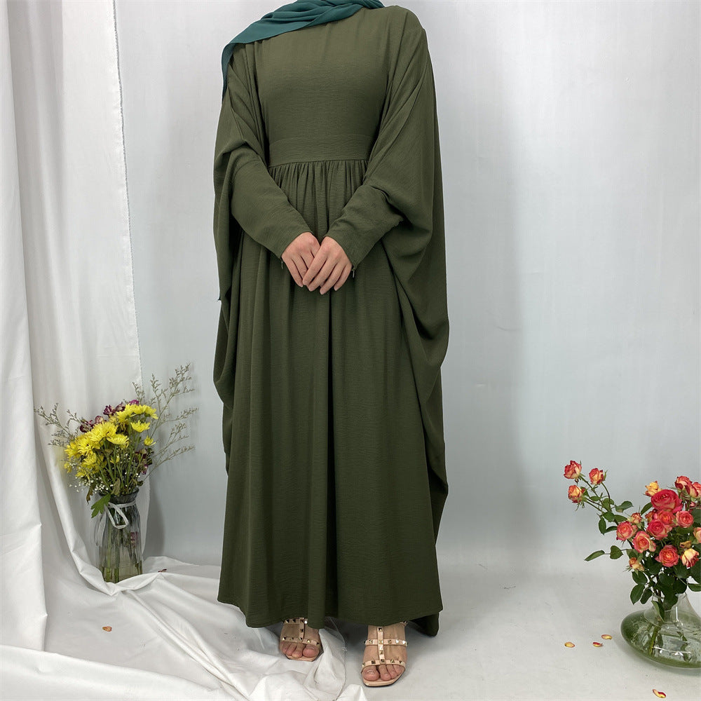 6836#Basic Butterfly Sleeve Closed Abaya Dress Solid Color with Inside Belt for Muslim Ladies