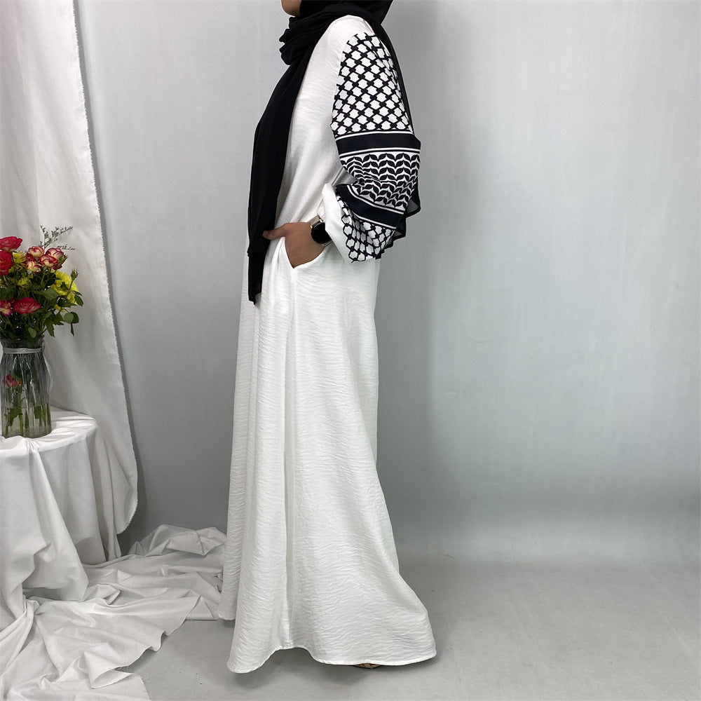 6827#Elegant Soft Linen Abaya Robe With Palestine Keffiyeh Printed Sleeve Detailing Modest Islamic Women Clothing