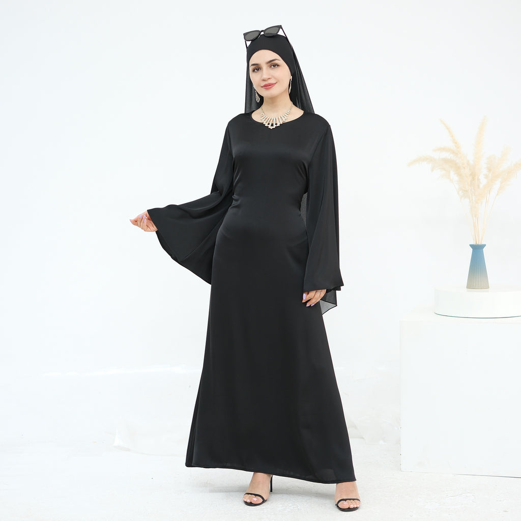 1967#Premium Solid Color Maxi Satin Dress Big Sleeve Belt Tied at Back Modest Abaya Women Muslim Long Dress