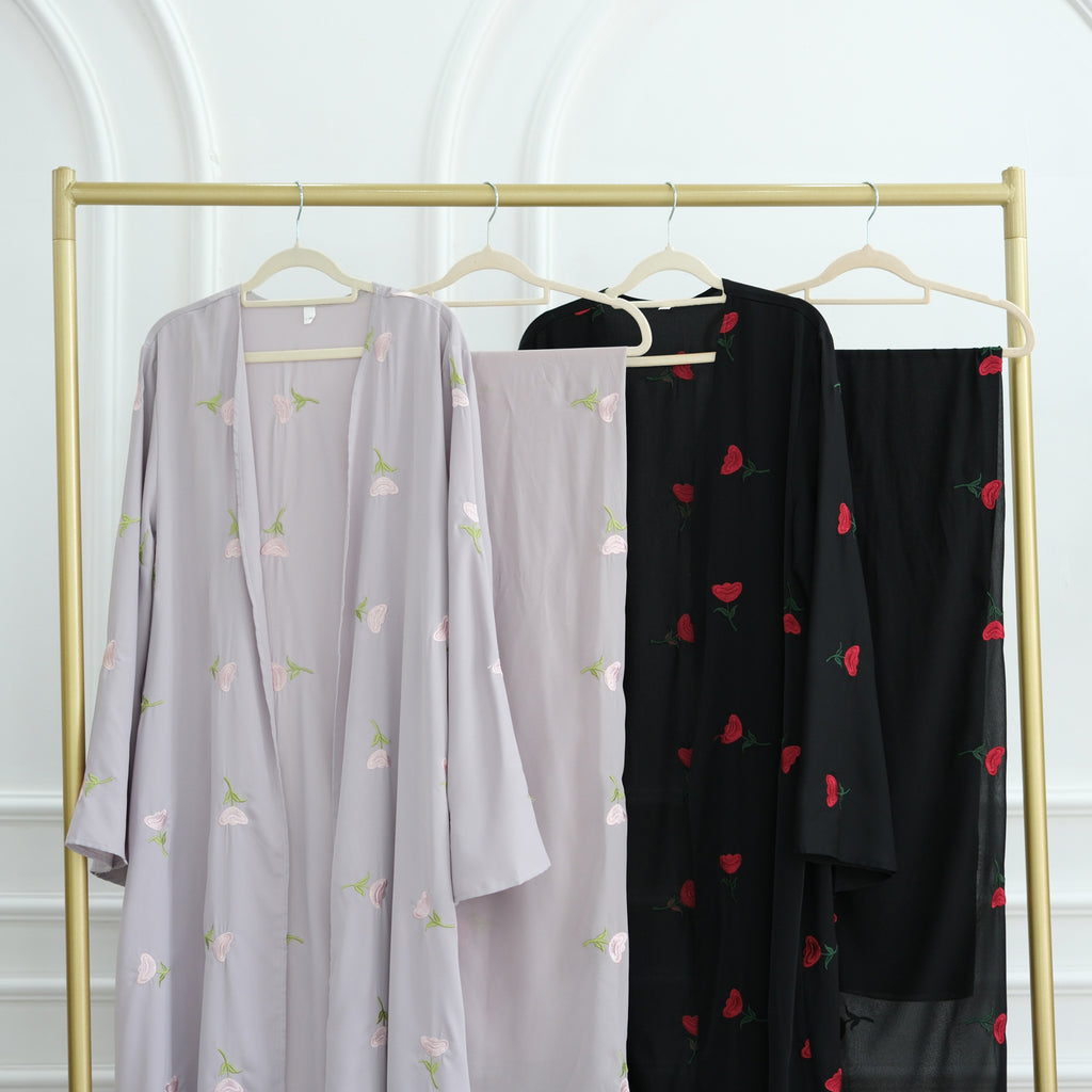 1064#2025 Women's Summer Floral Embroidery Abaya Hijab Set Abaya Manufacturer 2 Pcs Set Islamic Clothing Muslim Women Abaya